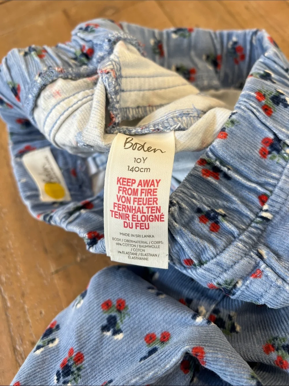 Mini Boden blue floral corduroy pull on pants skinny stretch girls size 10